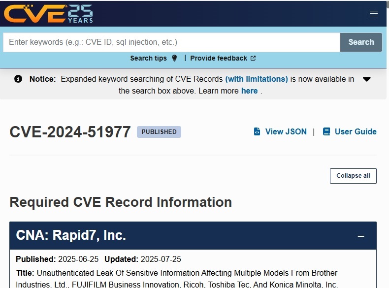 Viewing the latest CVE report of affected printers.