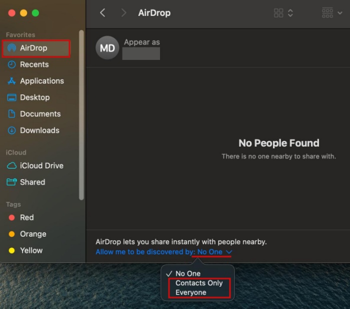 Selecting which devices you can share to using AirDrop from Mac. 
