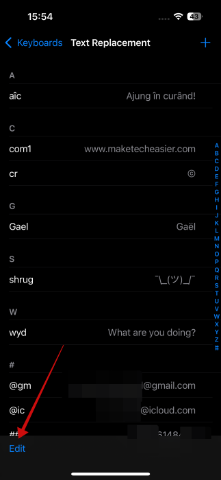 Tapping Edit in "Text Replacement" screen on iPhone.