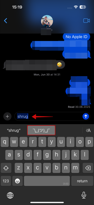 Typing abbreviation in Messages app on iPhone.