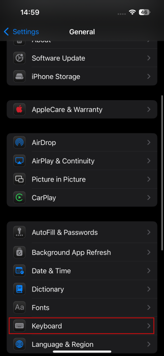 Navigating to Keyboard in iPhone General Settings.