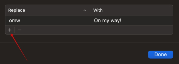 Clicking on + button to create a new text shortcut on Mac PC.