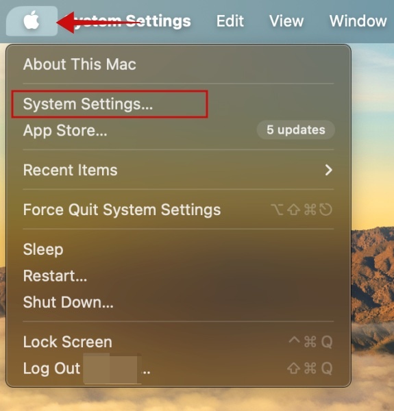 Navigating to "System Settings" on Mac computer.