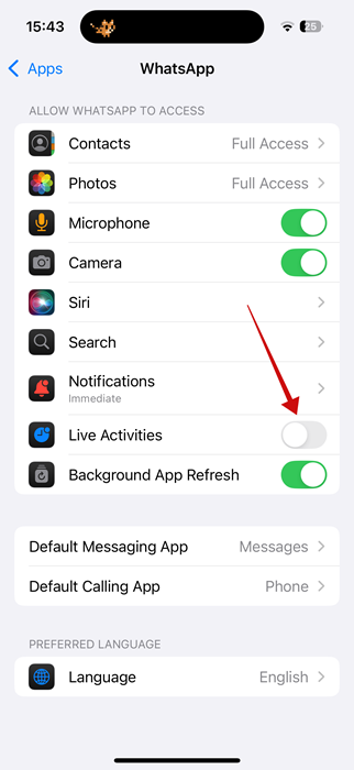 Turning off "Live Activities" for app via iPhone Settings. 