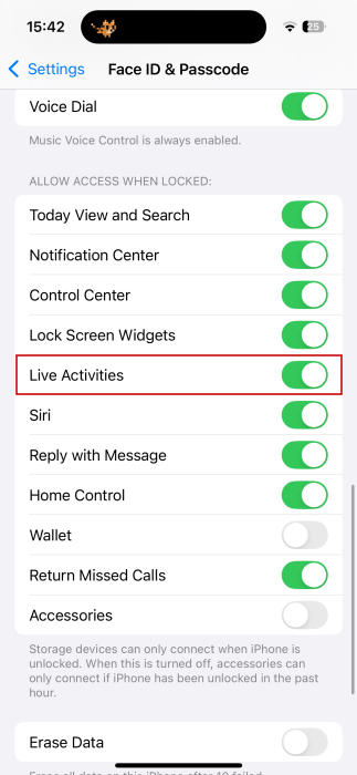 Toggling on "Live Activities" option in iPhone Settings. 