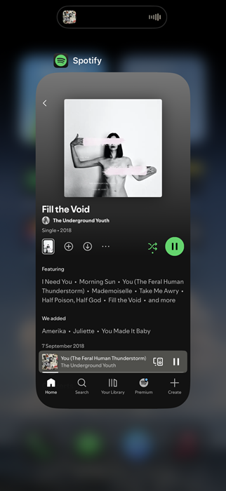 Spotify song playing reflected in Dynamic Island on iPhone. 