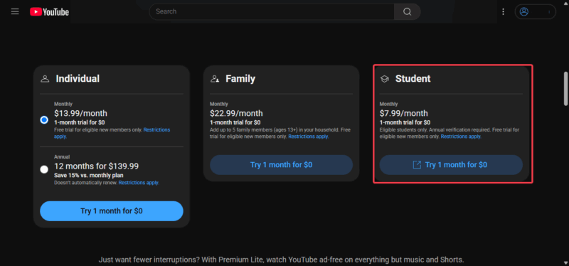 Youtube Premium Student Plan