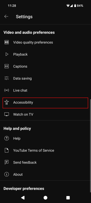 Navigating to Accessibility in YouTube app on Android. 