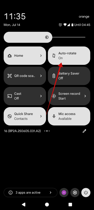 Turning on "Auto-rotate" toggle in Android Quick Settings menu. 