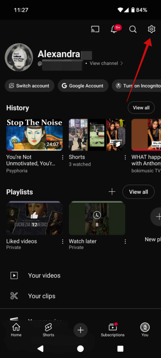 Tapping on gear icon in YouTube app on Android. 