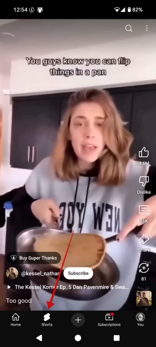 Switching to the "Shorts" tab in YouTube app on Android.