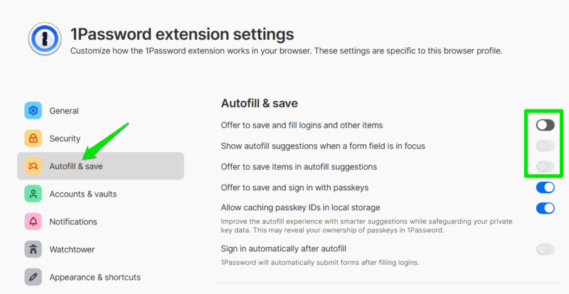 Disabling autofill in 1Password