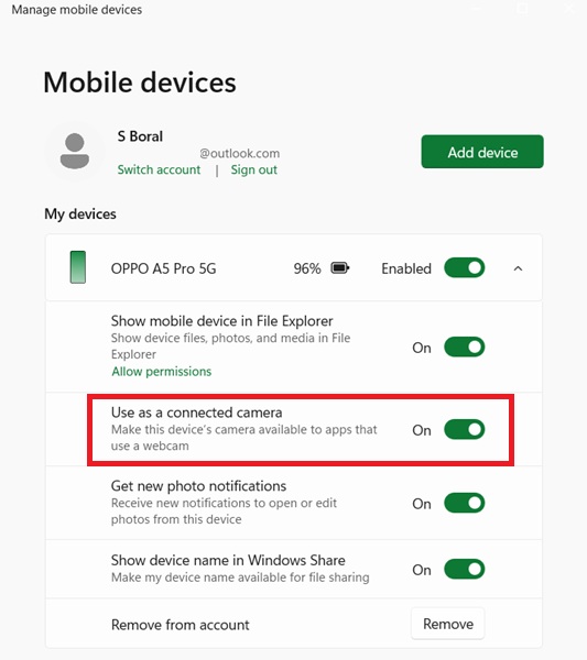 Use as a connected camera enabled for Oppo phone in Windows 11 Manage Mobile devices.