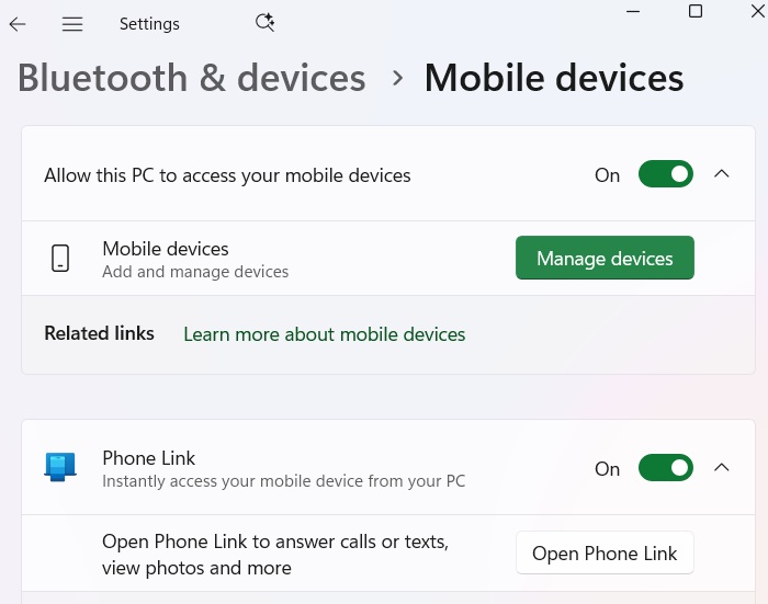 Manage Devices main menu option accessible from Windows 11 Settings.