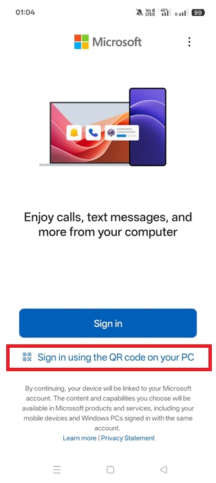 Sign in using a QR code on PC on Link to Windows app.