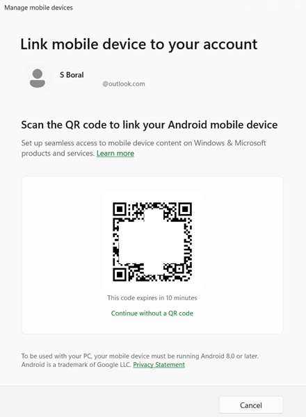 QR code generated in "Manage mobile devices" pop-up menu.