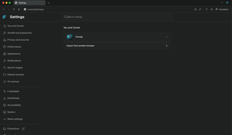 Comet Settings showing Chrome-like interface