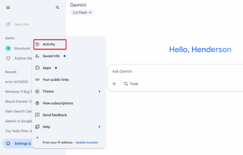 Gemini Activity In Settings