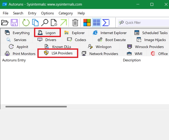 Checking the "Logon" and "LSA Providers" tabs inside Autoruns application.