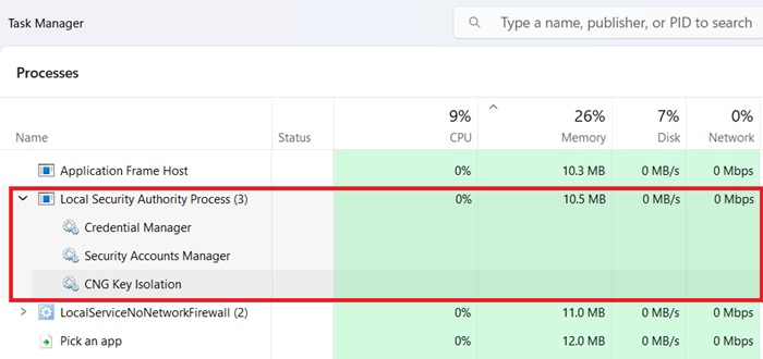 LSA processes viewed in Task Manager with a minimal 10.5 MB memory footprint.