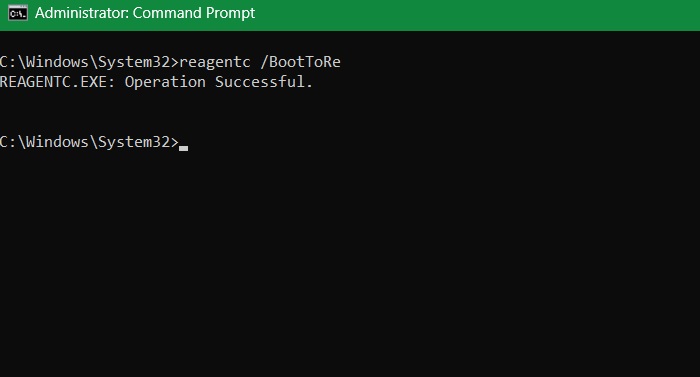 Reagentc enables booting to recovery environment in Windows cmd.