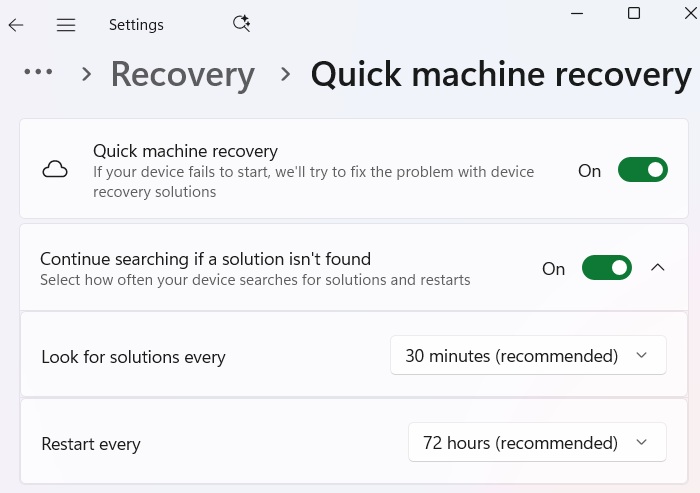 "Quick machine recovery" and related options and timers enabled.