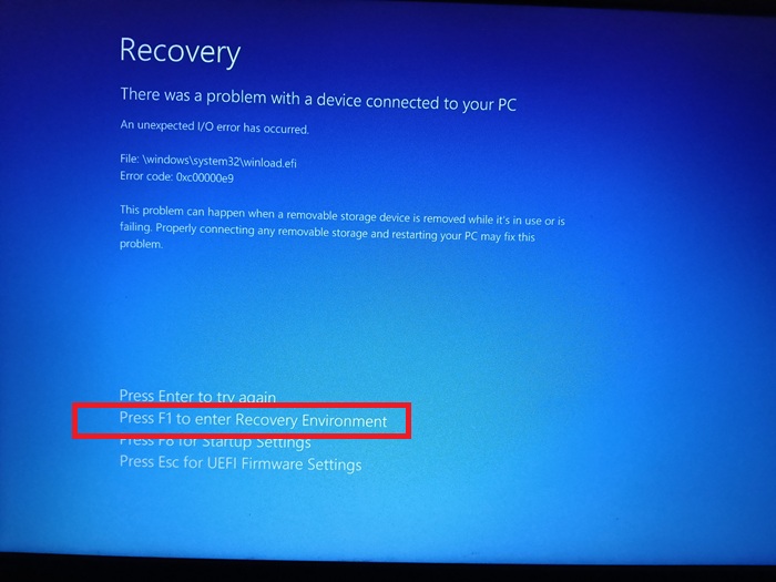 BSOD crash simulation during a restart leading to recovery environment in WinRE mode.