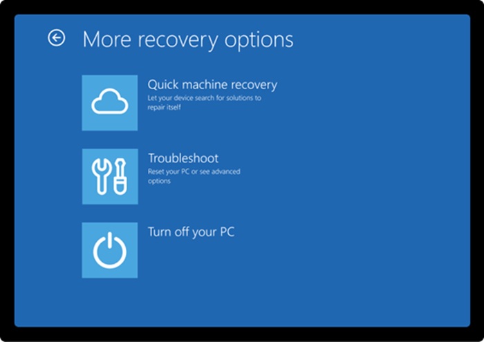 "Quick machine recovery" as one of the menus in WinRE under "More recovery options."