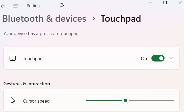 Checking from Settings if a laptop has a precision touchpad.