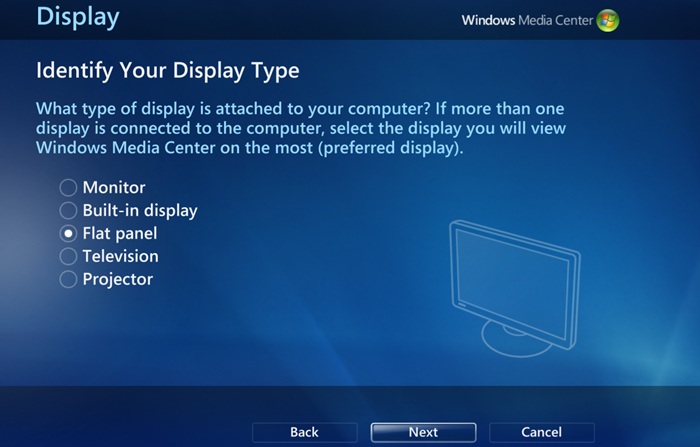 "Flat Panel" chosen as a default display type in WMC TV settings.