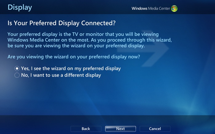 "Preferred display" of a TV device connected to the WMC application in Windows.