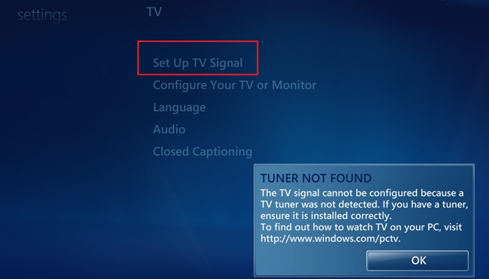 "TV Tuner not found" error while setting up TV signal in WMC.