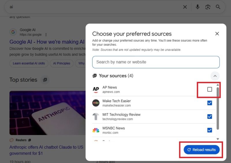 Deleting a source from preferred sources in Google search.