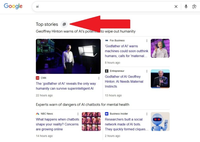 Clicking the preferred sources button in a Google search.