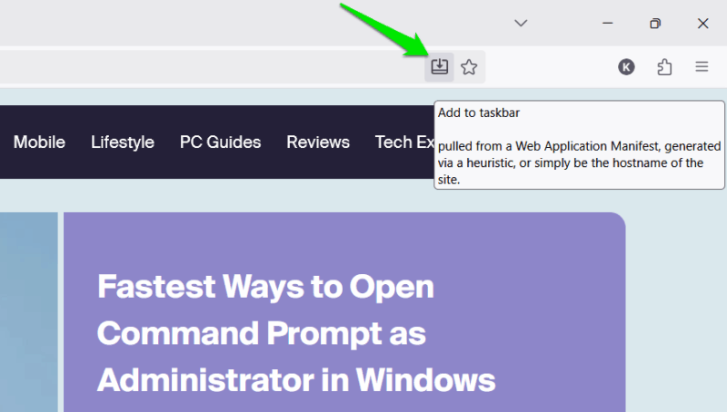 adding maketecheasier to taskbar in Firefox