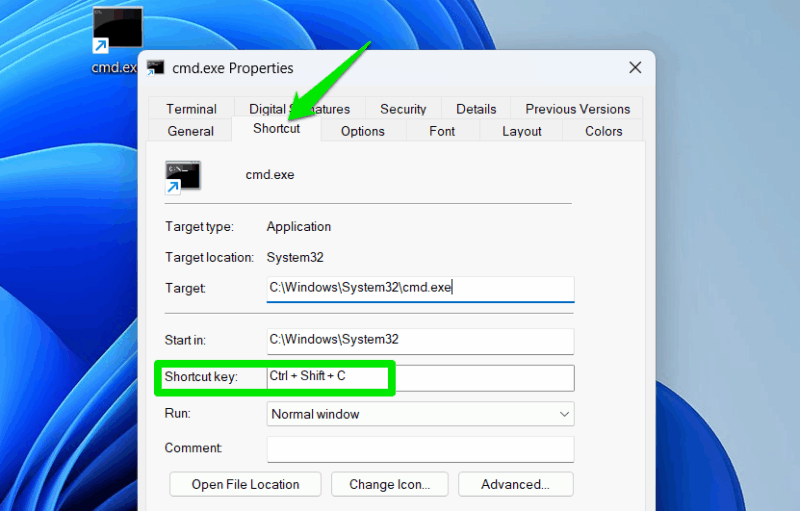 assigning shortcut to cmd.exe