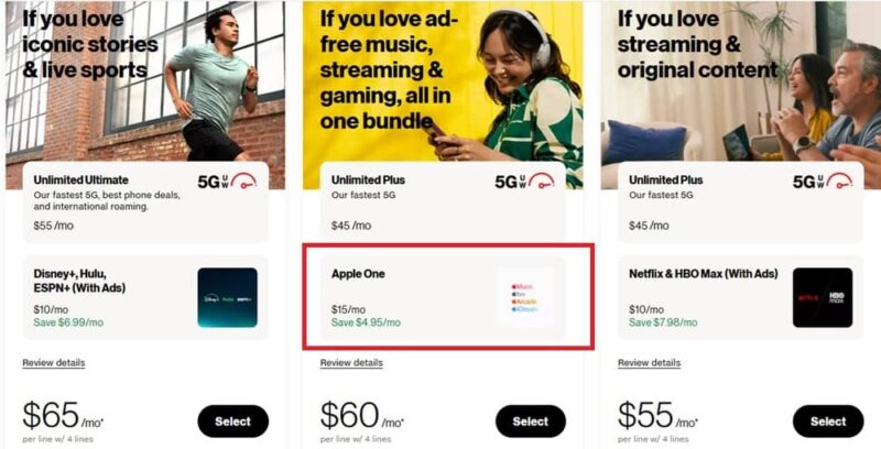 Verizon plans with Apple One included.