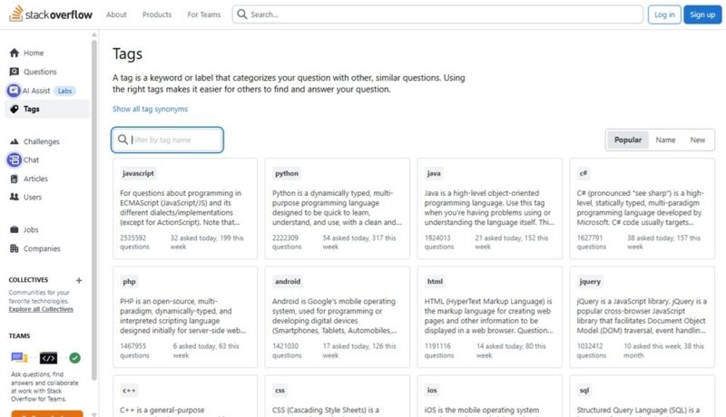 Viewing tags on Stack Overflow.
