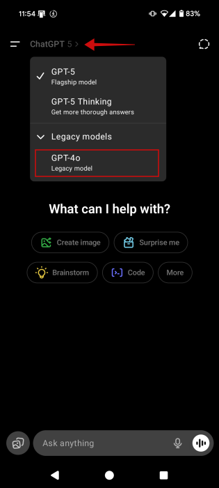 Switching to older GPT model in ChatGPT app.