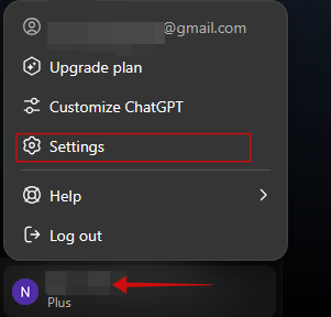Opting for the Settings option in ChatGPT on PC.