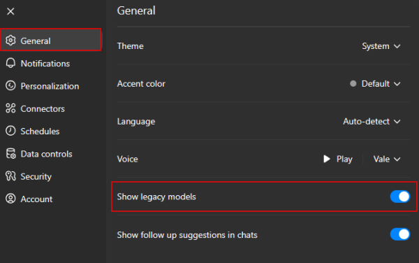 Enabling "Show legacy models" option in ChatGPT on PC.
