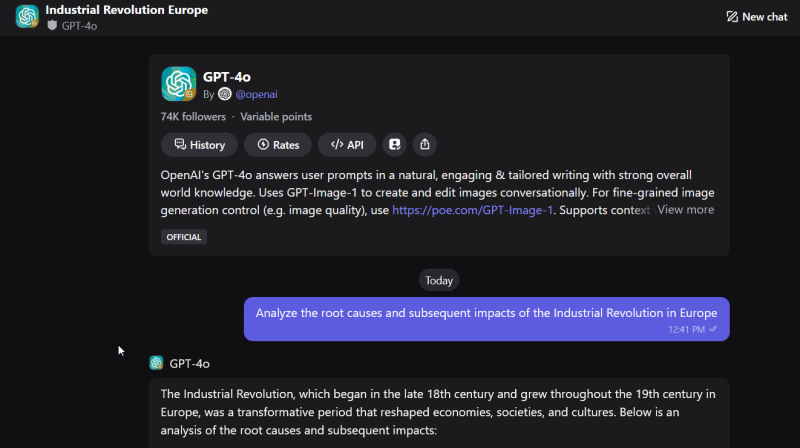 Using Poe with Chat GPT 4o model.