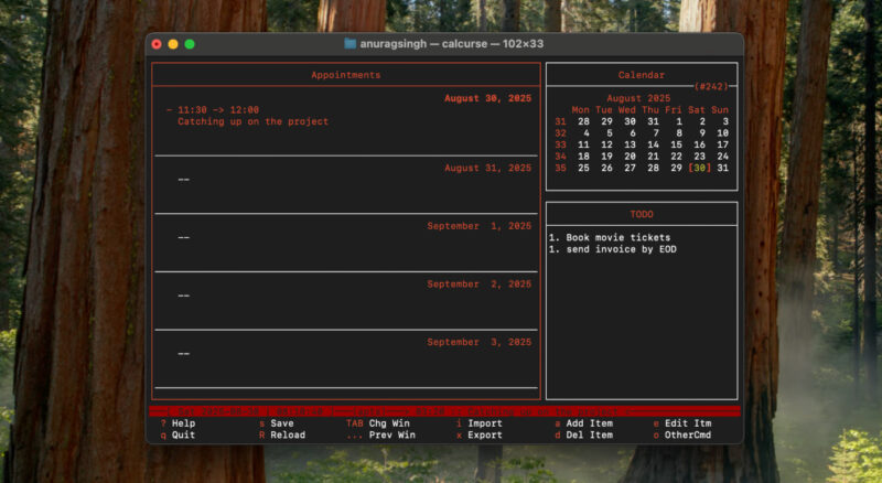 Calcurse Appointments tab