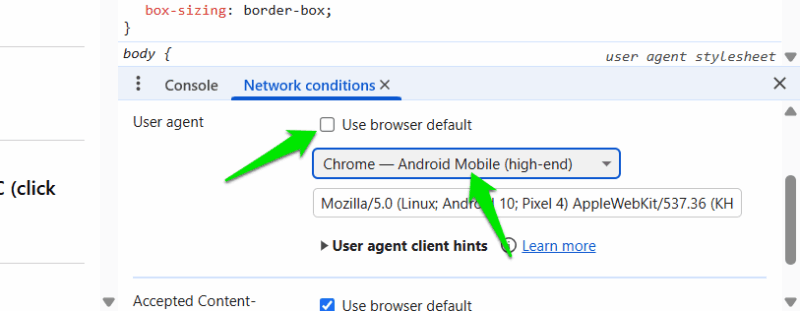 changing user agent in Chrome developer options