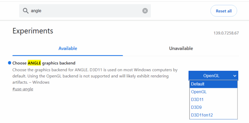 Chrome ANGLE Flag options