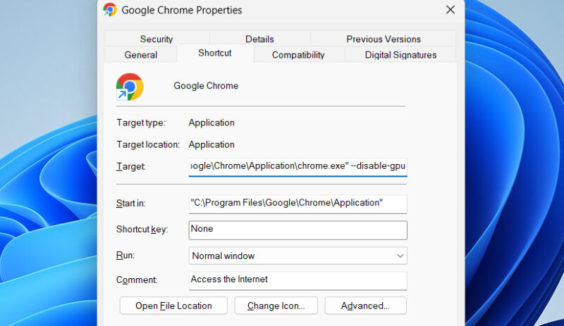 Chrome Properties with edited target field