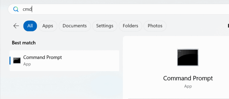 Cmd opened in Windows Search