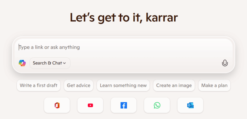 Copilot Mode search bar in new tab