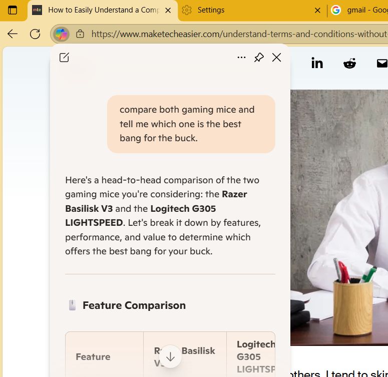Copilot comparing two mice in quick assist panel