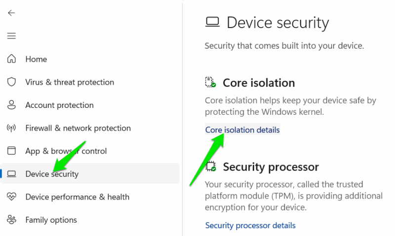 Core Isolation settings in Windows 11